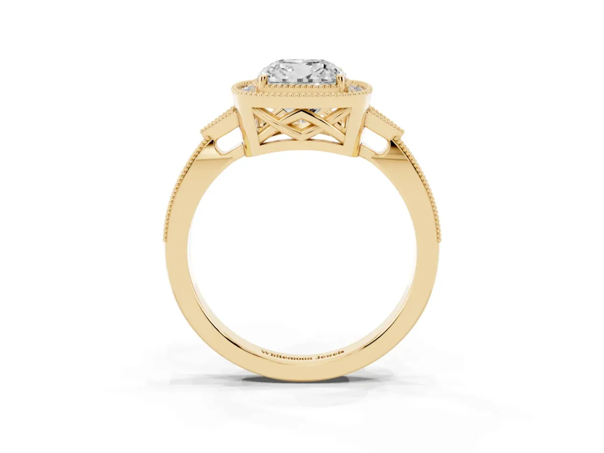 Cushion Cut Halo Round Diamond Milgrain Pave Engagement Ring Yellow gold