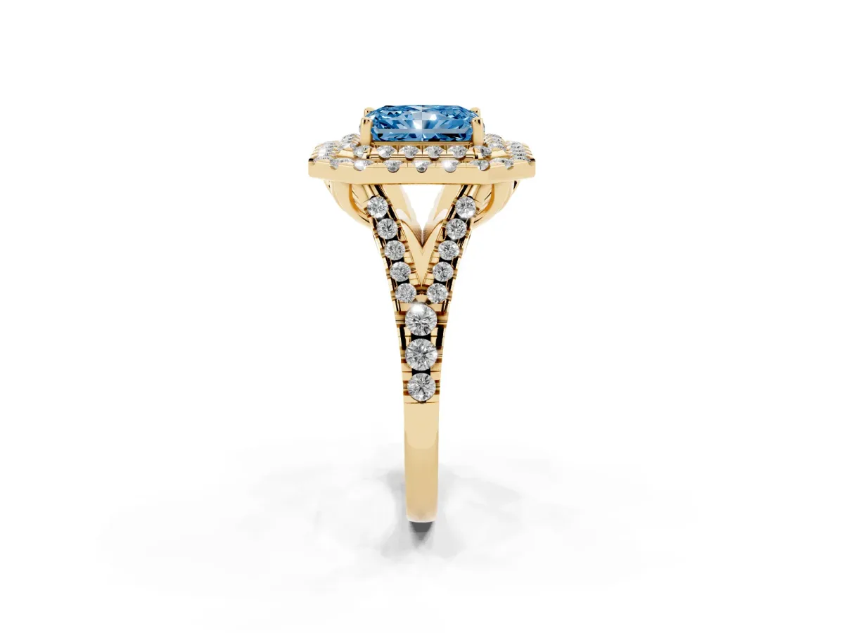 Fancy Blue Double Halo Radiant Cut Diamond Pavé Split Shank Ring with Prong Setting Yellow gold