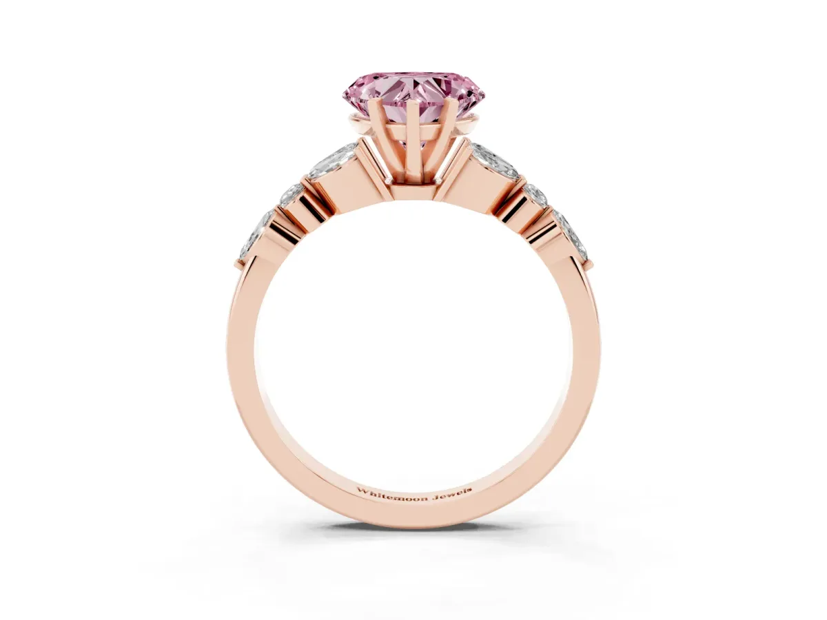 Fancy Pink Heart Cut Diamond Solitaire Ring with Side Stones and Four-Prong Setting Rose gold