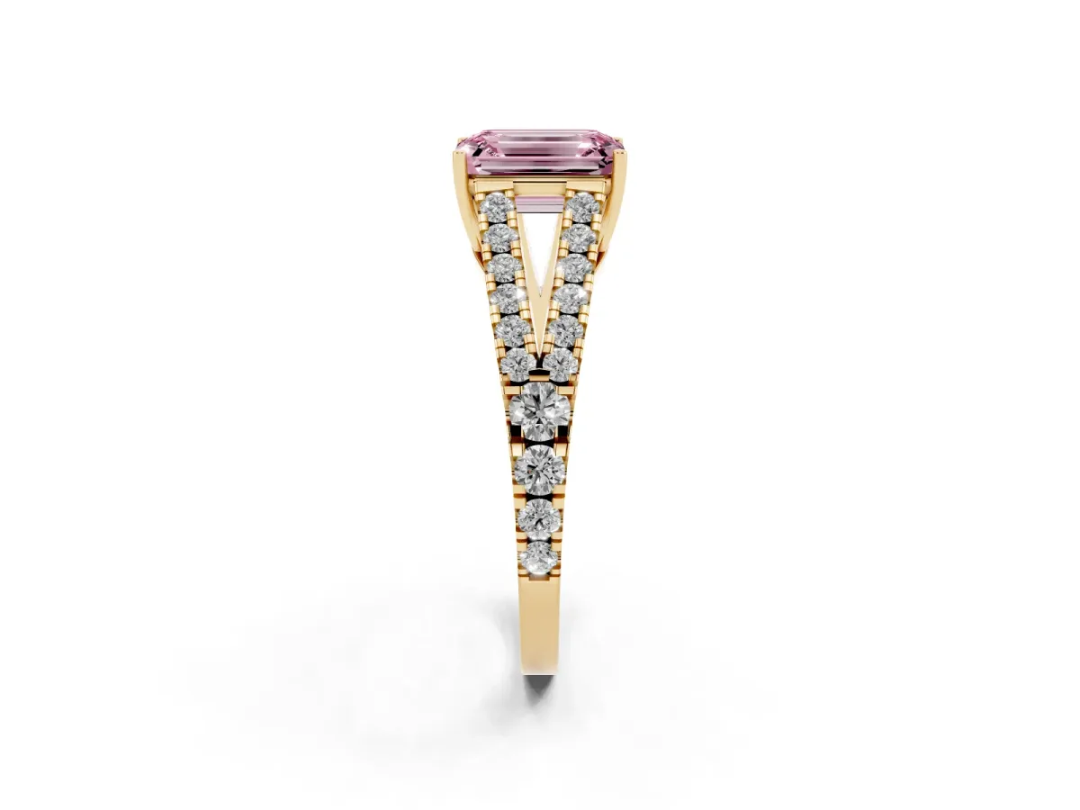 Fancy Pink Emerald Cut Diamond Split Shank Pavé Engagement Ring with Four-Prong Setting Yellow gold