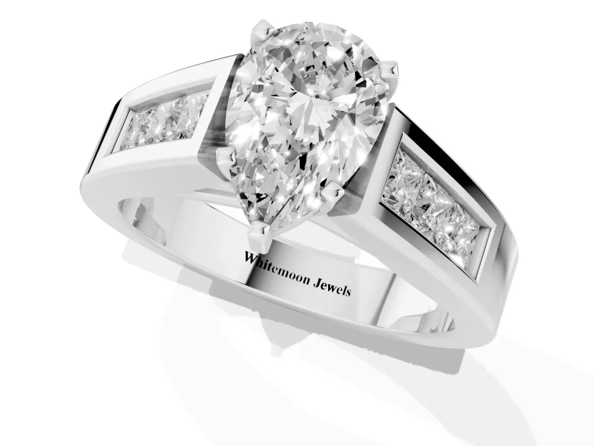 Pear Cut Cut Channel Set Solitaire Ring with Four-Prong Setting White gold