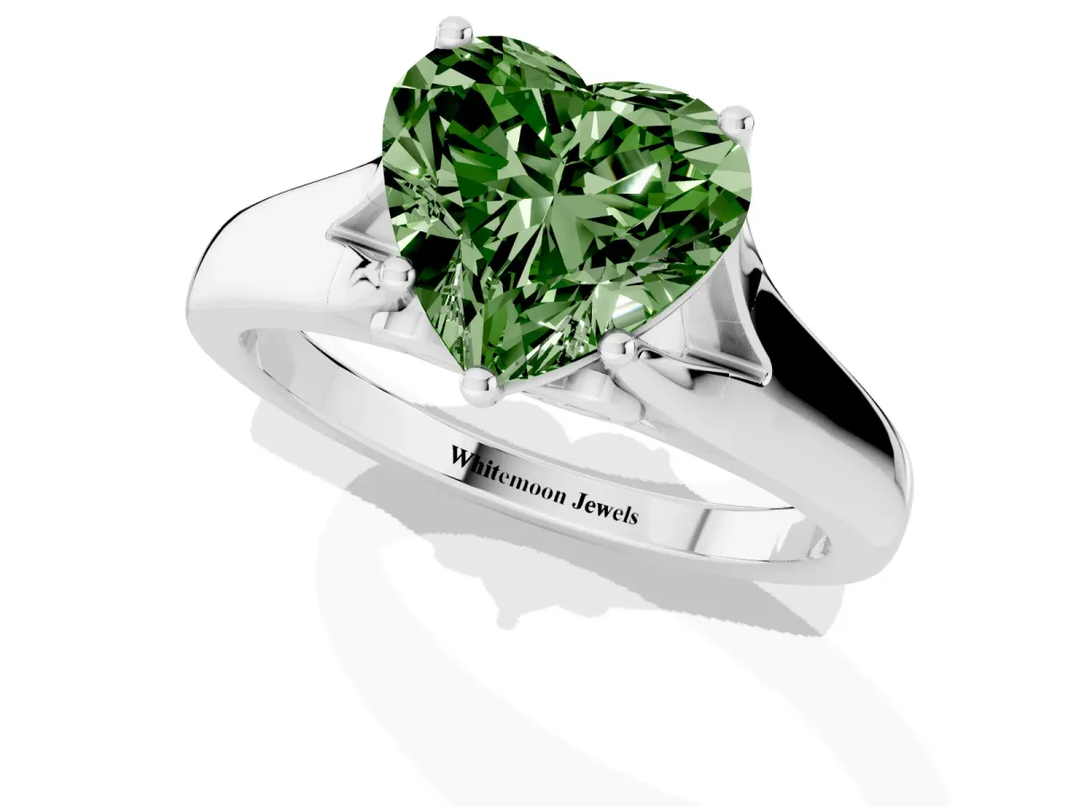 Fancy Green Heart Cut Solitaire Diamond Ring with Cathedral Band and Four-Prong Setting Silver