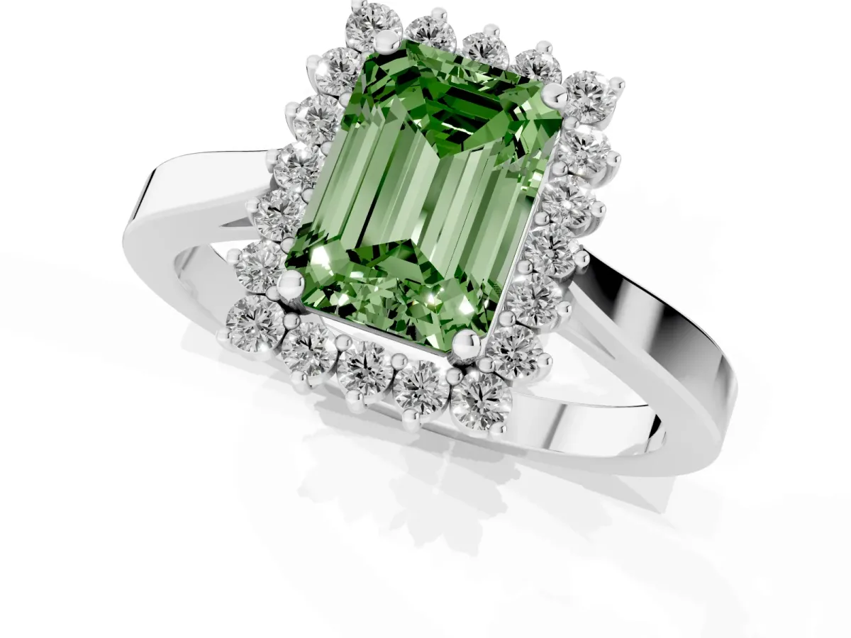 Fancy Green Emerald Cut Cut Diamond Halo Ring with Round Brilliant Halo and Solitaire Band White gold