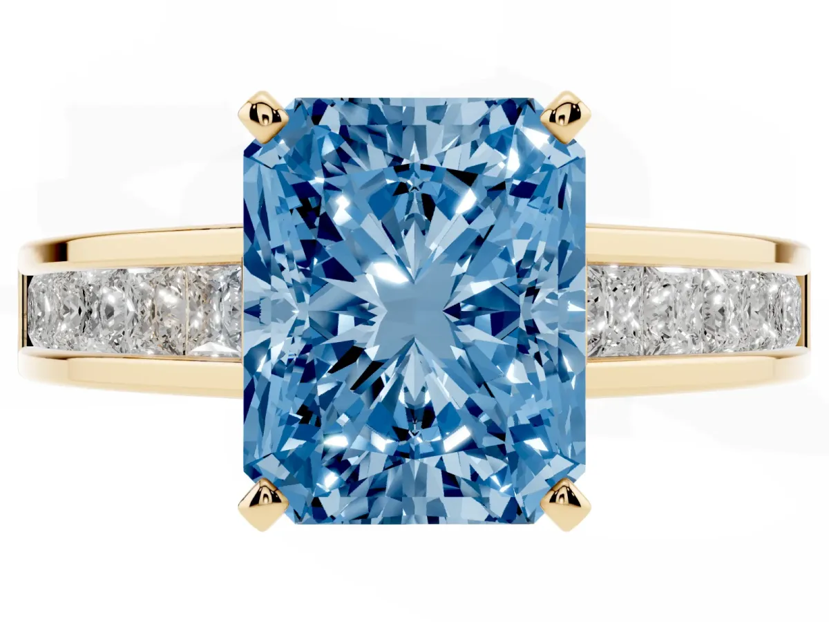 Fancy Blue Radiant Cut Solitaire Diamond Ring with Channel-Set Band and Four-Prong Setting Yellow gold