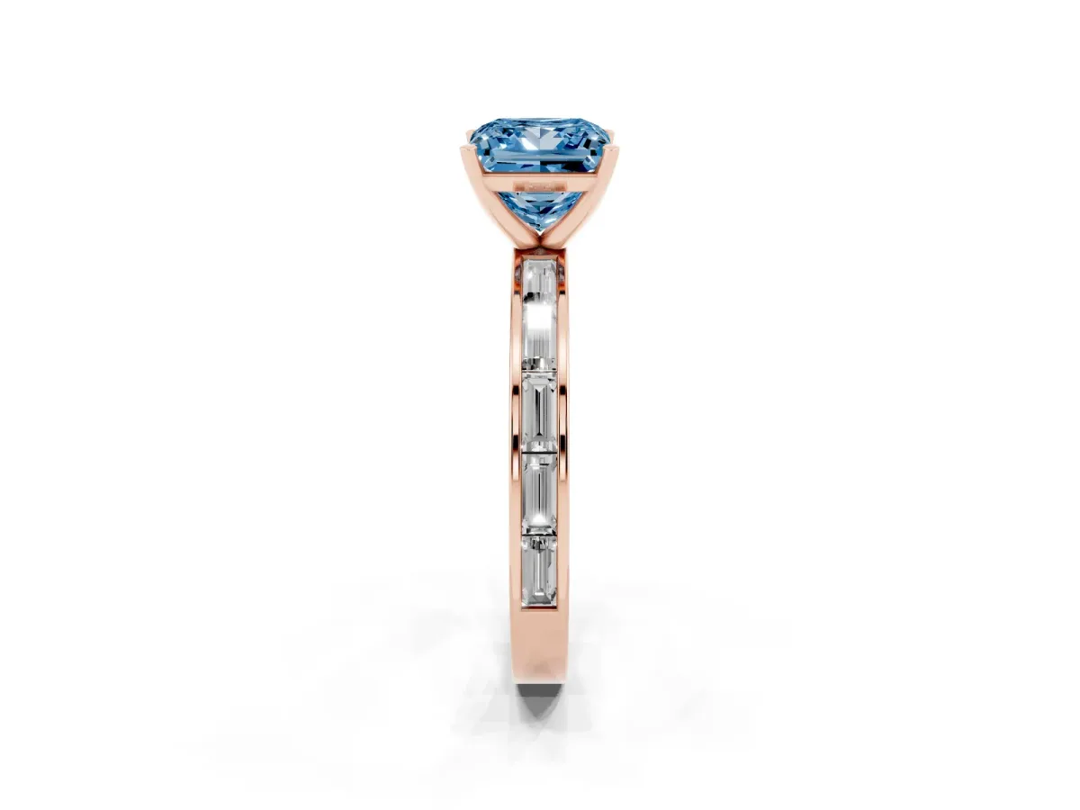 Fancy Blue Princess Cut Solitaire Diamond Ring with Channel-Set Baguette Band and Four-Prong Setting Rose gold