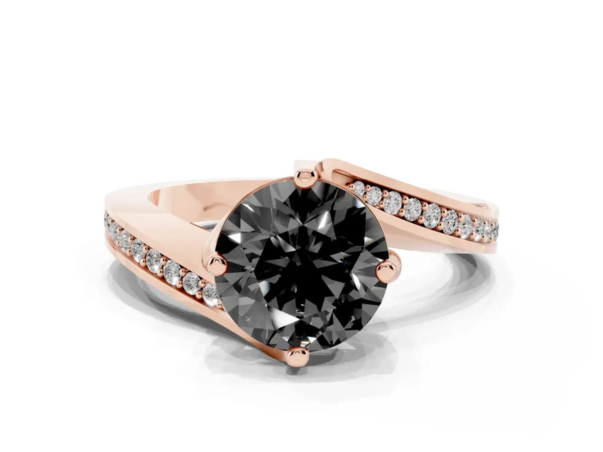 Fancy Black Round Cut Solitaire Diamond Twist Band with Pavé Setting and Four-Prong Setting Rose gold