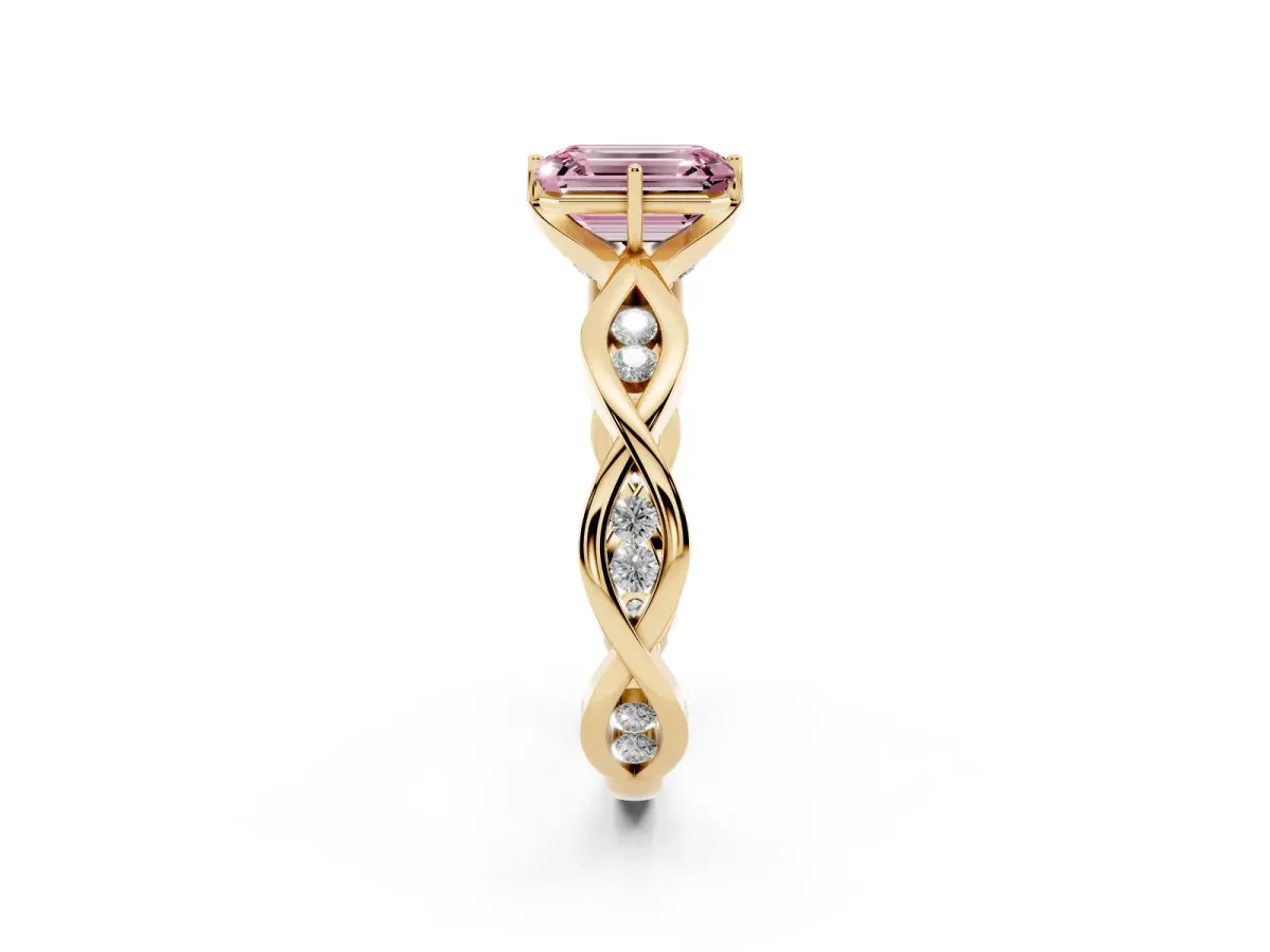 Fancy Pink Emerald Cut Solitaire Twist Band with Leaf Prong Setting Yellow gold