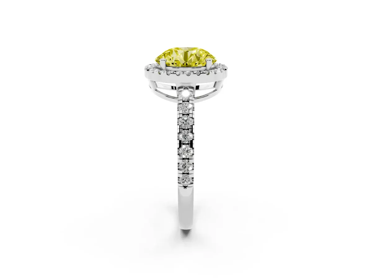 Fancy Yellow Round Cut Diamond Halo Ring with Pavé Band and Four-Prong Setting White gold