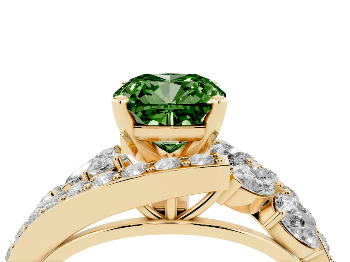 Fancy Green Cushion Cut Diamond Halo Ring with Marquise and Pavé Band in Prong Setting Yellow gold