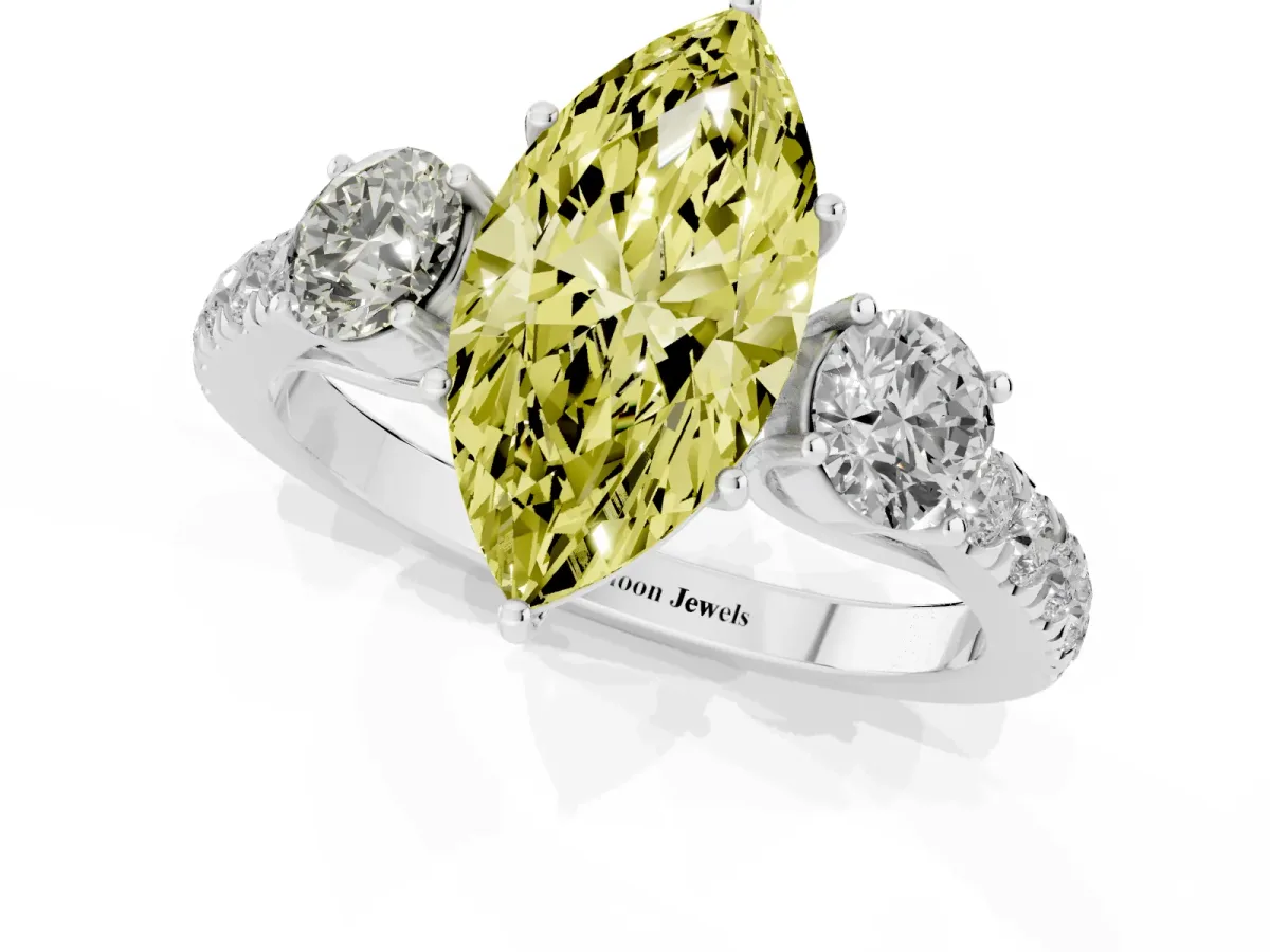 Fancy Yellow Marquise Cut Cut Diamond Three-Stone Ring with Round Side Stones and Pavé Band Silver