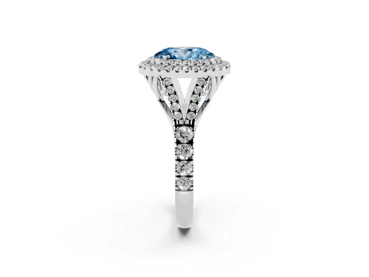 Fancy Blue Oval Cut Cut Double Halo Split Shank Diamond Ring with Prong Setting Silver