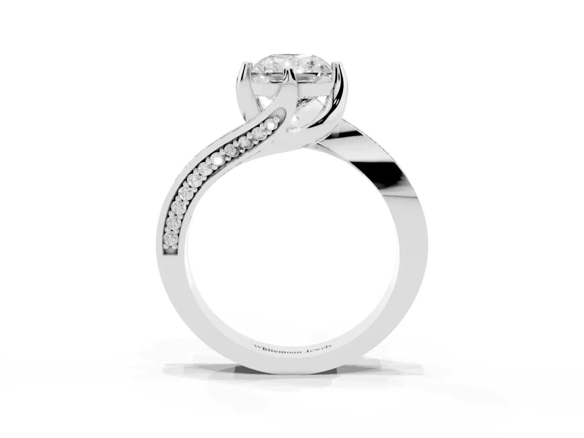 Radiant Cut Solitaire Diamond Twist Band with Pavé Setting and Four-Prong Setting Silver