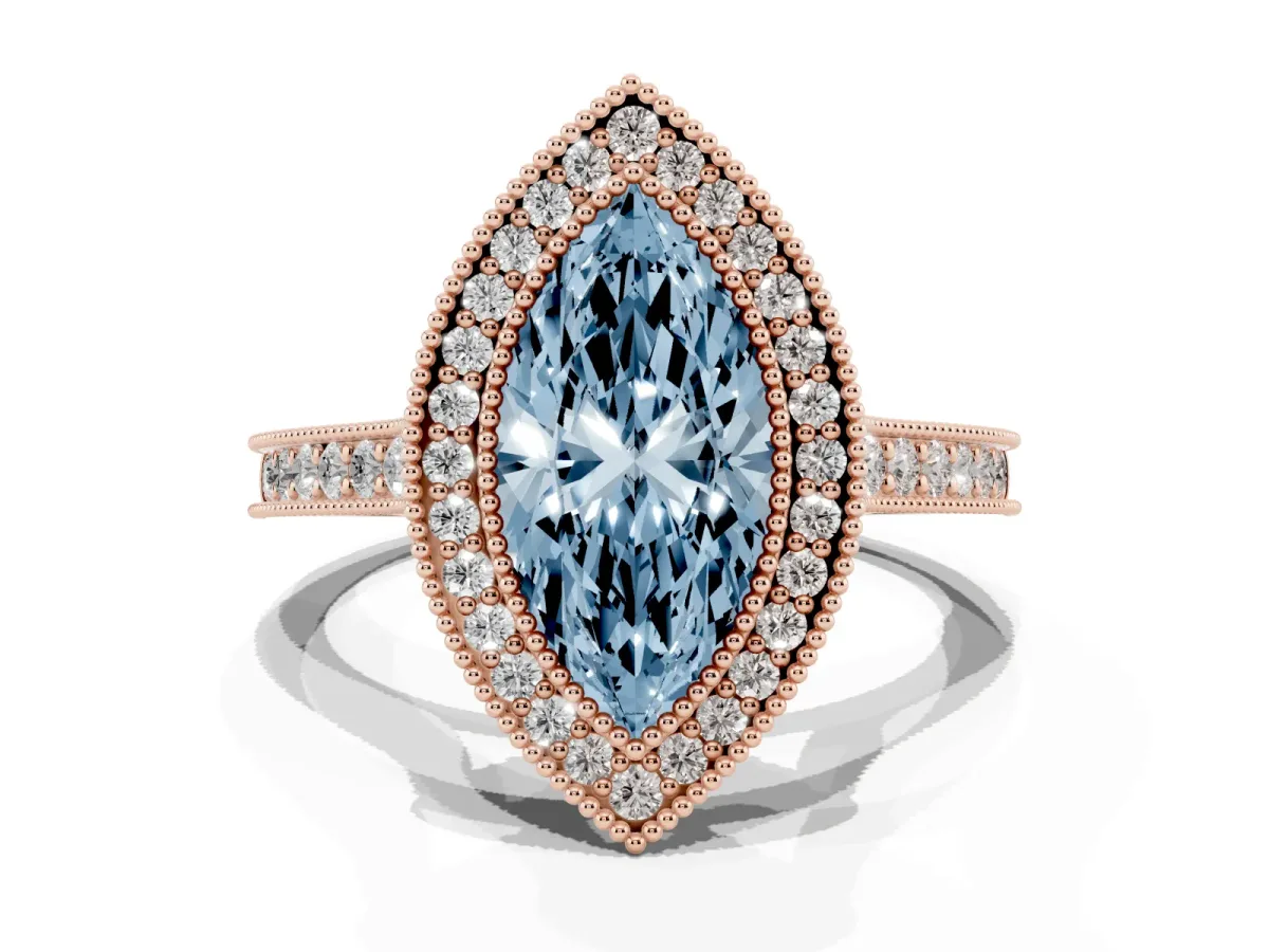 Fancy Blue Halo Marquise Cut-Cut Diamond Pave Band Milgrain Prong Setting Ring Rose gold