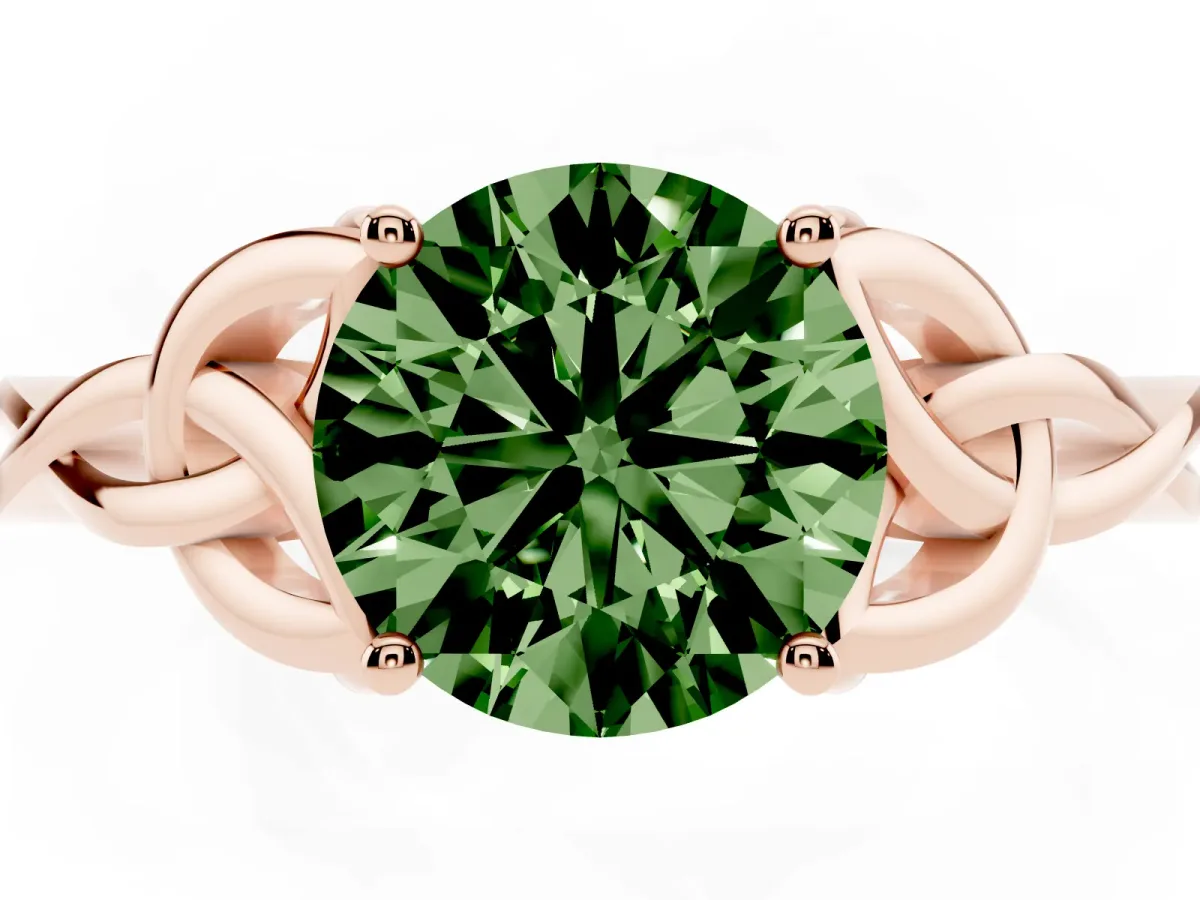 Fancy Green Round Cut Diamond Solitaire Engagement Ring with Celtic Knot Band and Four-Prong Setting Rose gold