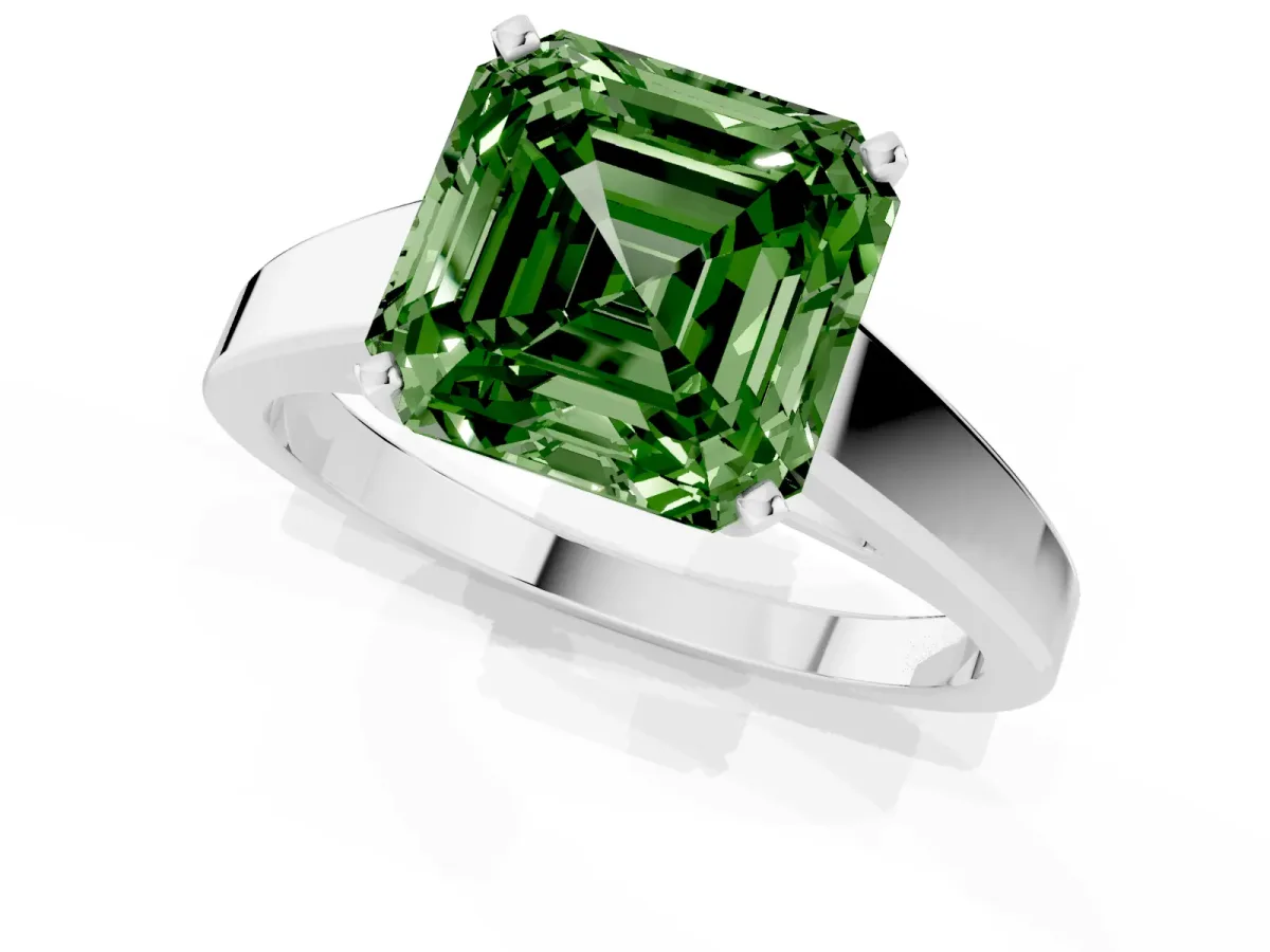 Fancy Green Asscher Cut Solitaire Engagement Ring with Four-Prong Setting and Tapered Band Silver