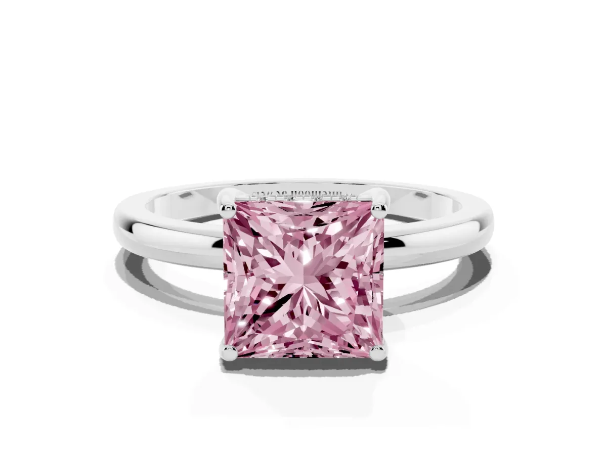Fancy Pink Princess Cut Solitaire Diamond Ring with Prong Setting and Plain Band Silver