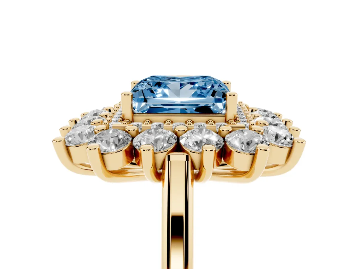Fancy Blue Princess Cut Diamond Floral Double Halo Engagement Ring with Prong Setting Yellow gold