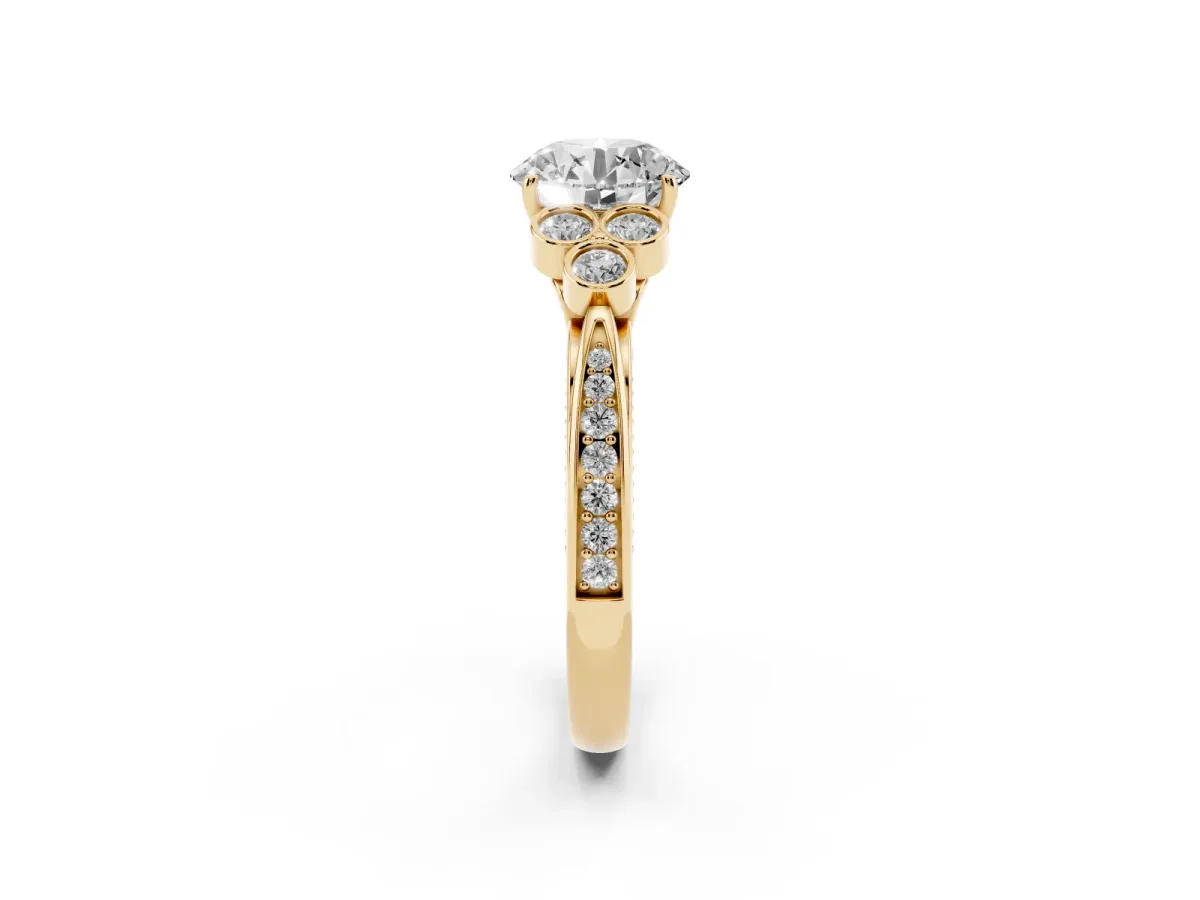 Round Cut Cut Diamond Engagement Ring with Bezel Set Round Side Stones and Prong Setting Yellow gold