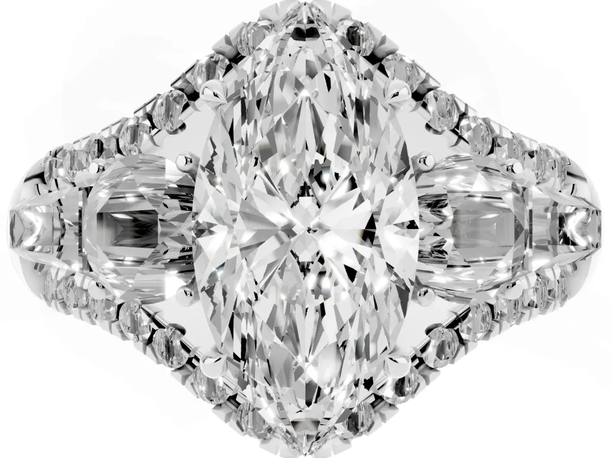 Three-Stone Marquise Cut Diamond Engagement Ring with Pave Band and Prong Setting Silver