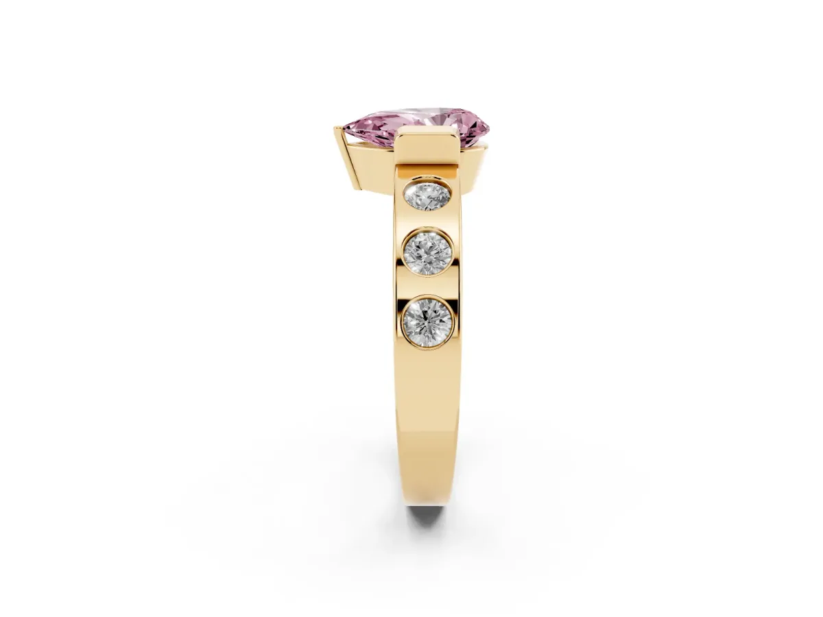 Fancy Pink Pear Cut Brilliant Channel-Set Diamond Ring with Bezel Prong Setting Yellow gold