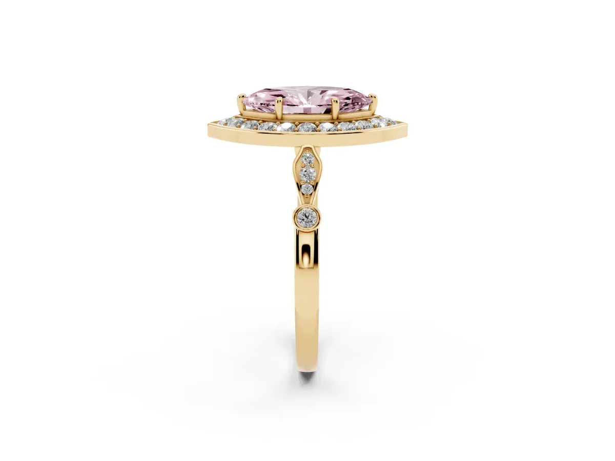 Fancy Pink Marquise Cut Halo Diamond Engagement Ring with Twisted Band and Four-Prong Setting Yellow gold