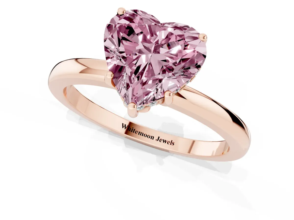 Fancy Pink Heart Cut Solitaire Diamond Ring with Prong Setting and Plain Band Rose gold