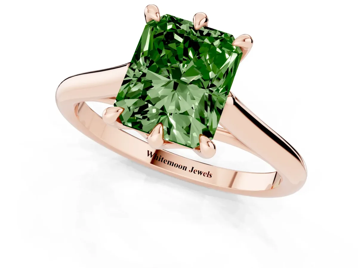 Fancy Green Radiant Cut Solitaire Engagement Ring with Six-Prong Setting and Classic Band Rose gold