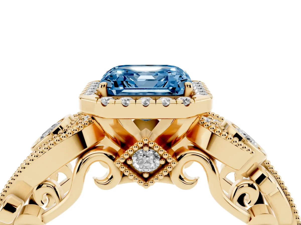 Fancy Blue Asscher Cut Halo Diamond Ring with Milgrain and Bezel Accents on a Split Shank Band Yellow gold