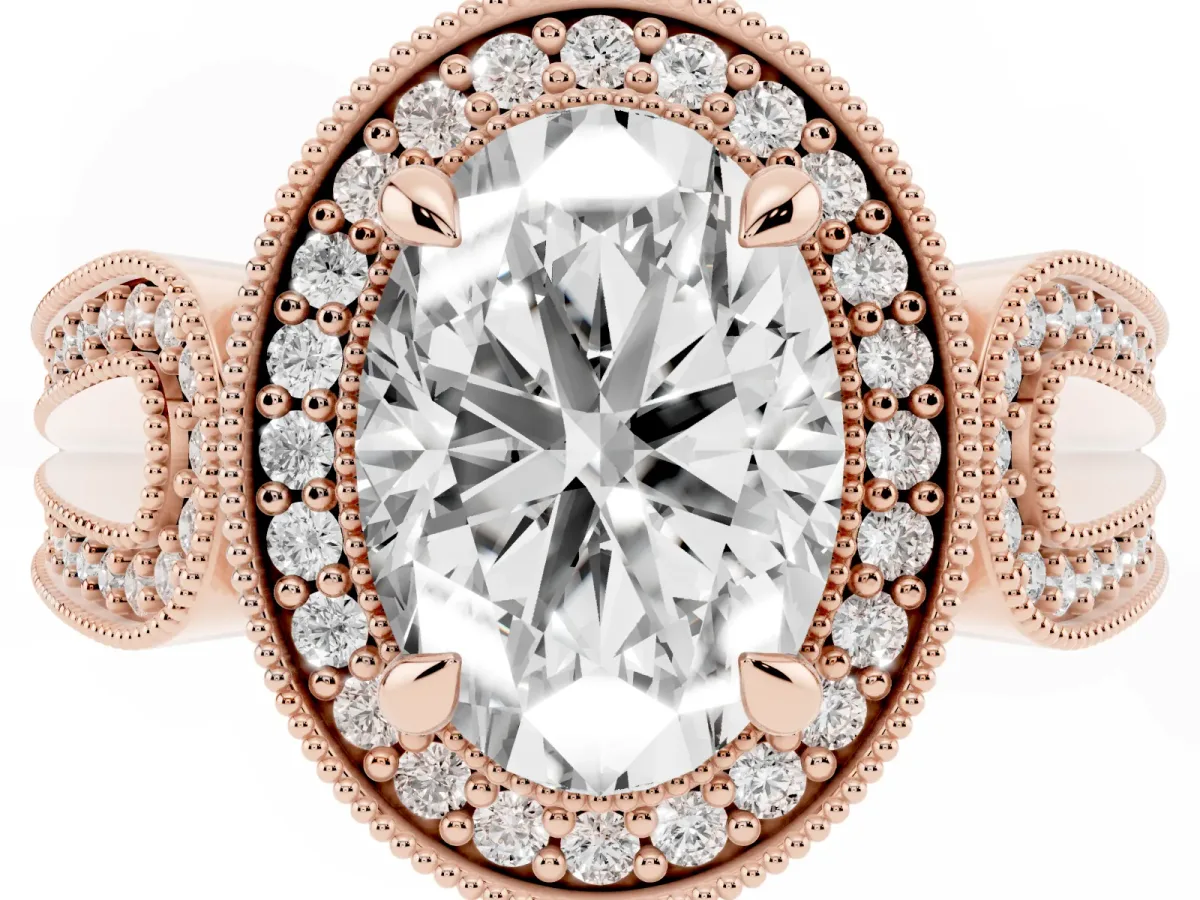 Oval Cut Halo Split Shank Milgrain Diamond Ring Rose gold