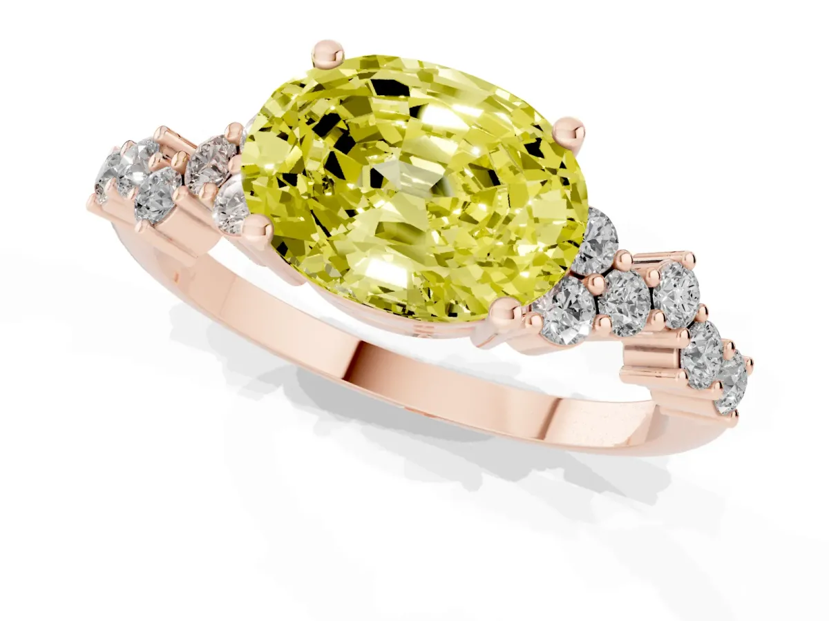 Fancy Yellow Oval Cut Diamond Scattered Round Accent Ring with Prong Setting Rose gold