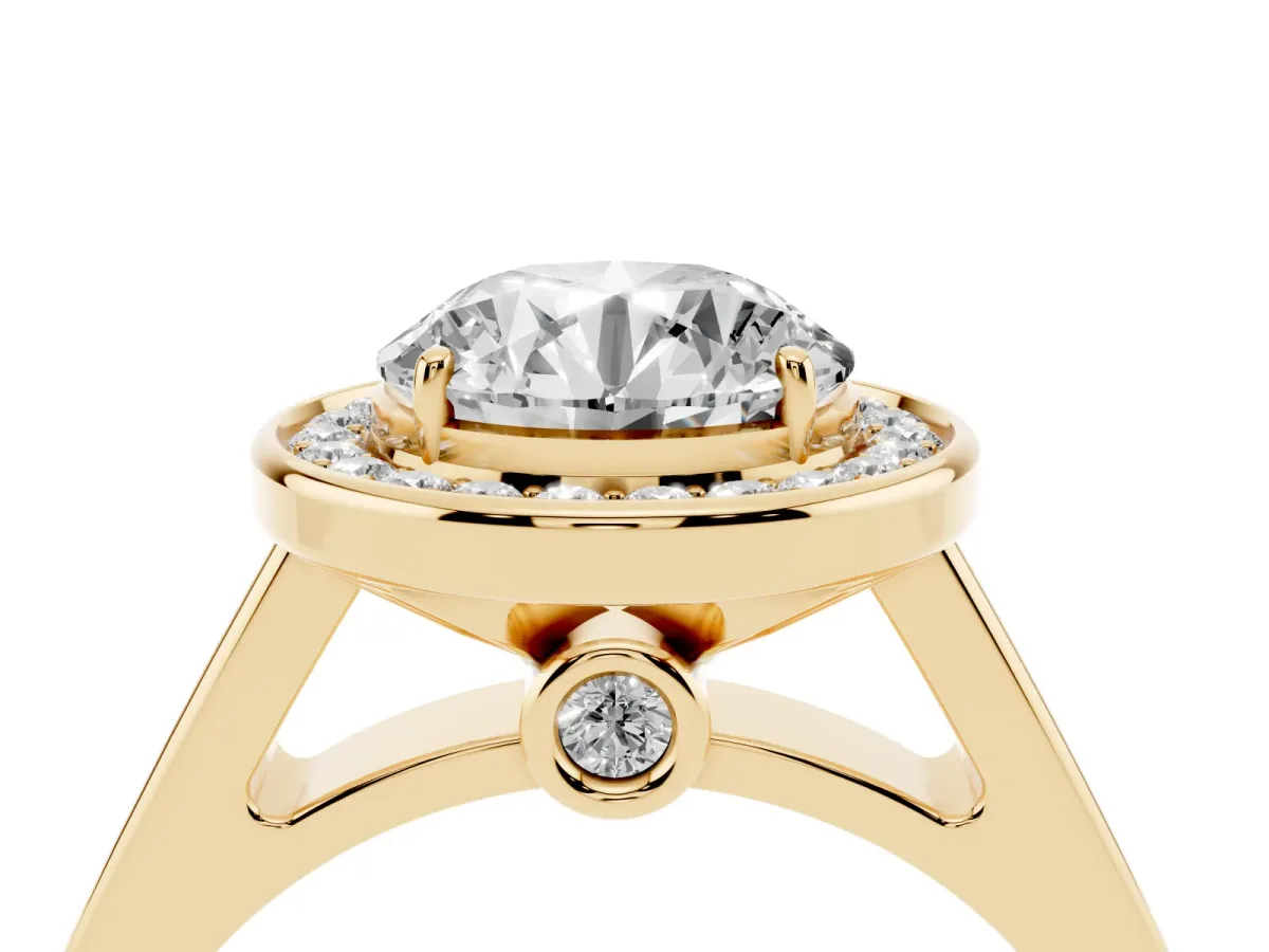 Round Cut Halo Solitaire Diamond Ring with Pave Band and Bezel Setting Yellow gold