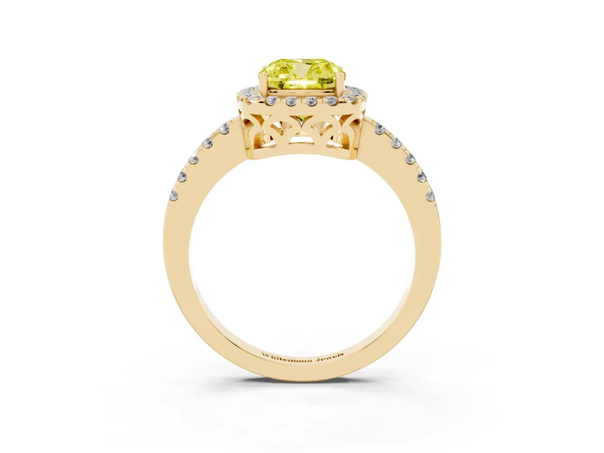 Fancy Yellow Cushion Cut Halo Diamond Engagement Ring with Pavé Band and Four-Prong Setting Yellow gold