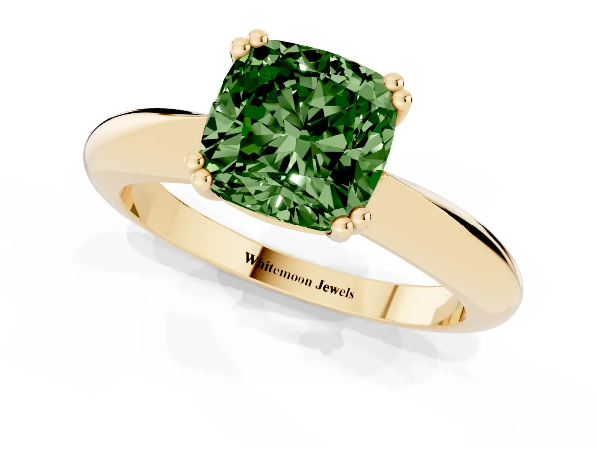 Fancy Green Cushion Cut Cut Solitaire Engagement Ring with Tapered Band and Four-Prong Setting Yellow gold