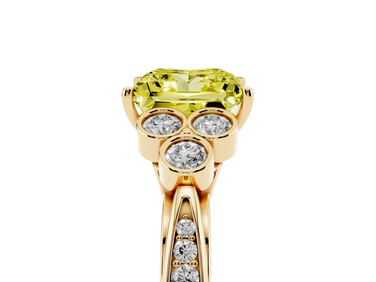 Fancy Yellow Princess Cut Cut Diamond Engagement Ring with Bezel Set Round Side Stones and Prong Setting Yellow gold