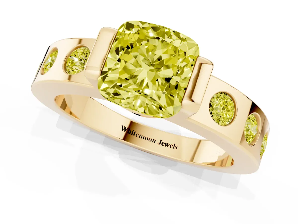 Fancy Yellow Cushion Cut Brilliant Channel-Set Diamond Ring with Bezel Prong Setting Yellow gold