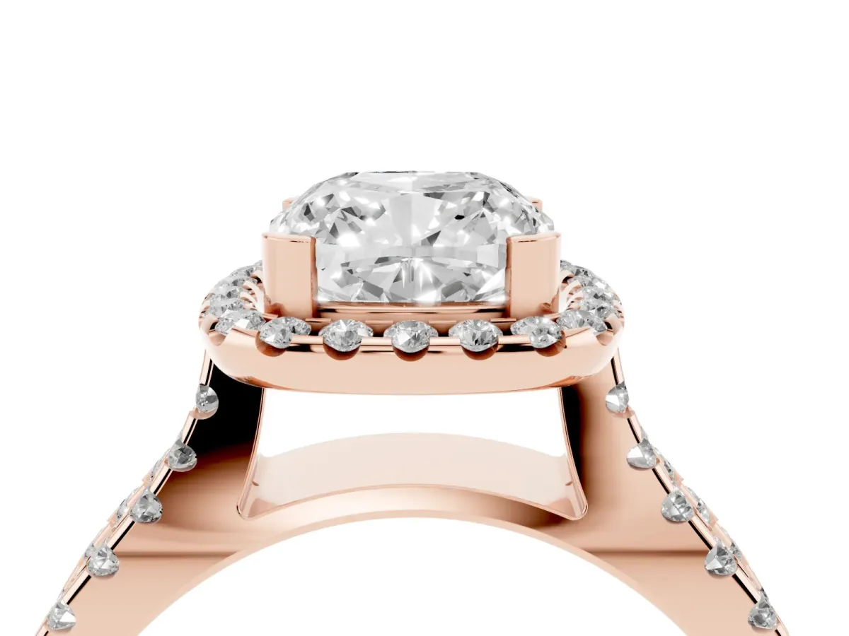 Cushion Cut Diamond Halo Ring with Split Shank Pavé Band and Prong Setting Rose gold