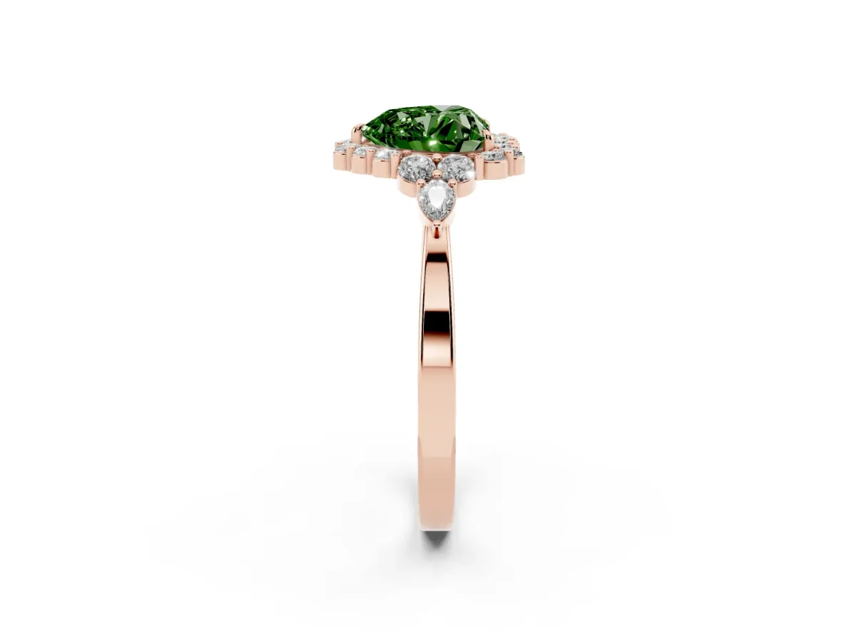 Fancy Green Heart Cut Diamond Halo Ring with Pear Side Stones and Prong Setting Rose gold
