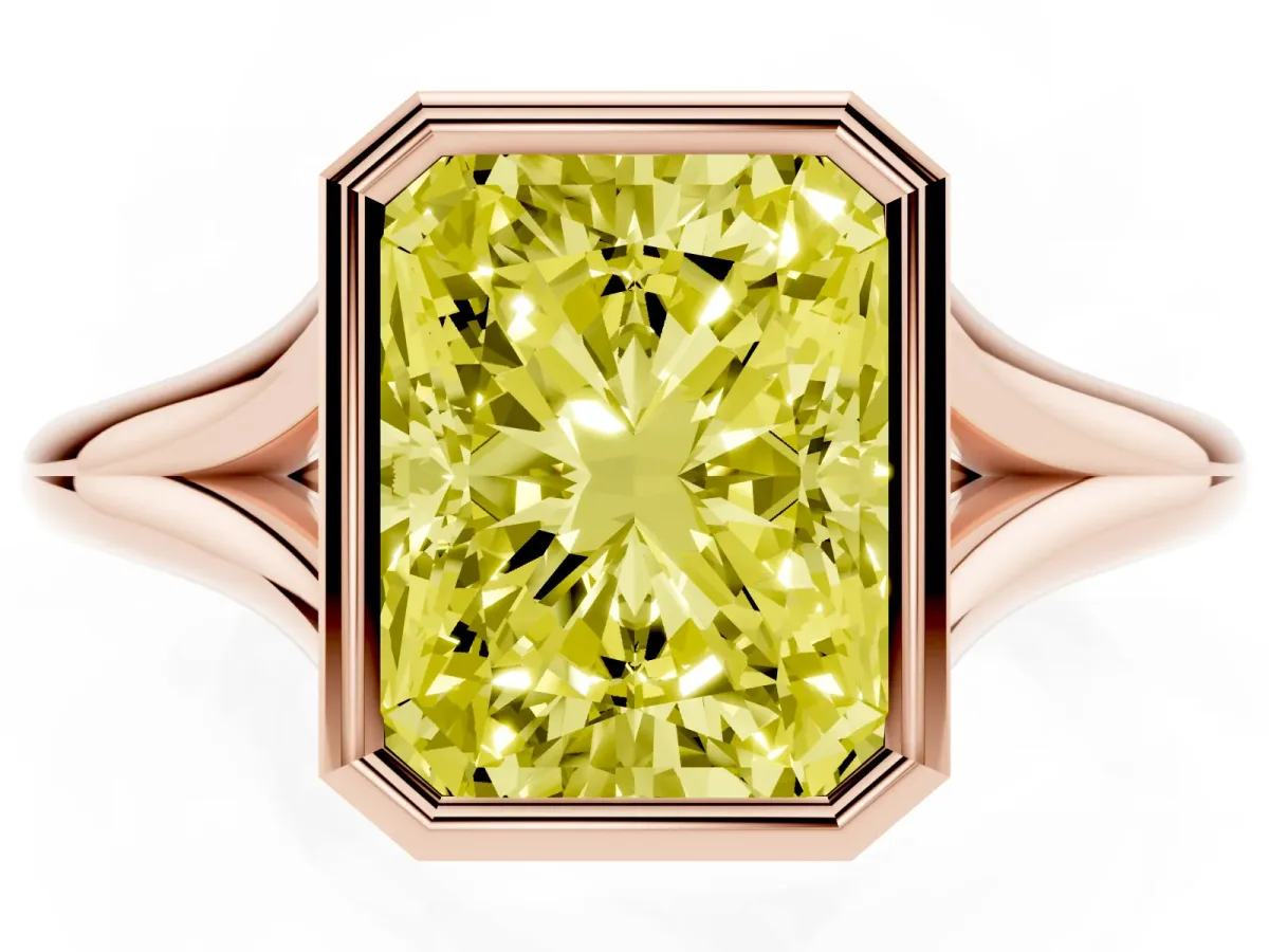 Fancy Yellow Bezel Set Radiant Cut Cut Solitaire Ring with Tapered Band Rose gold