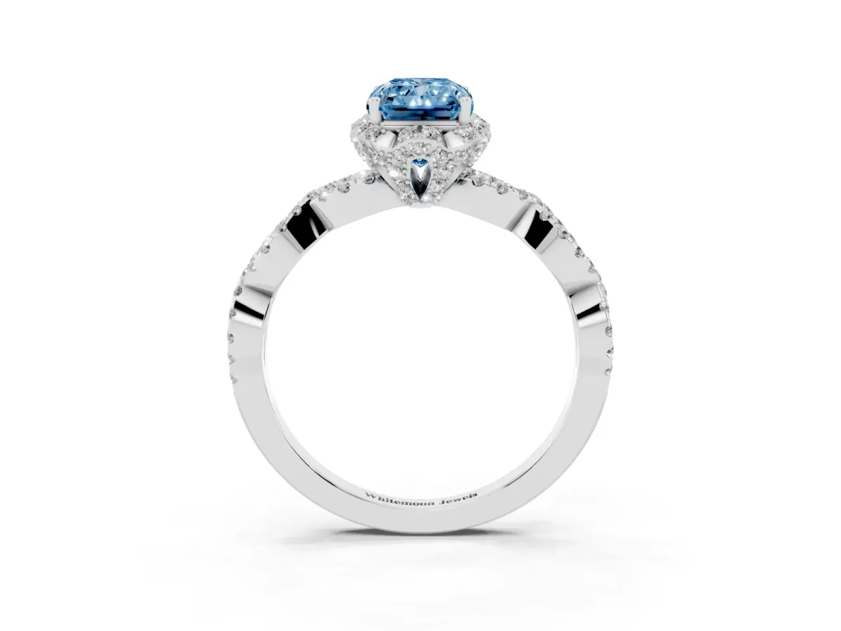 Fancy Blue Radiant Cut Halo Twist Band Solitaire Ring with Six-Prong Setting White gold