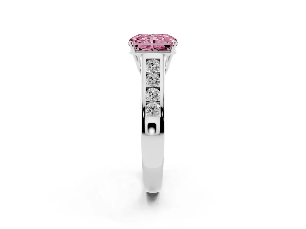 Fancy Pink Radiant Cut Brilliant Channel-Set Solitaire Ring with Four-Prong Setting Platinum