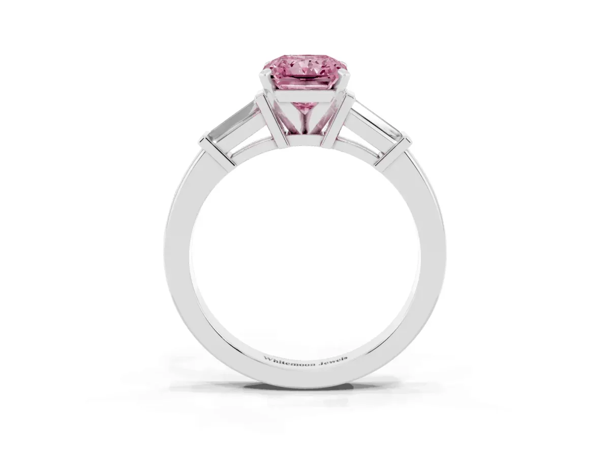 Fancy Pink Radiant Cut Cut Diamond Solitaire Ring with Tapered Baguette Accents and Four-Prong Setting White gold