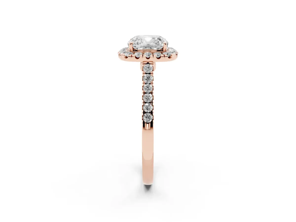 Cushion Cut Halo Pave Diamond Engagement Ring with Four-Prong Setting Rose gold