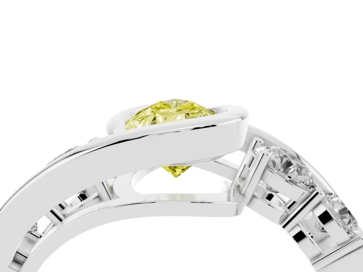 Fancy Yellow Bezel Set Pear Cut Diamond Bypass Ring with Round Accents Silver