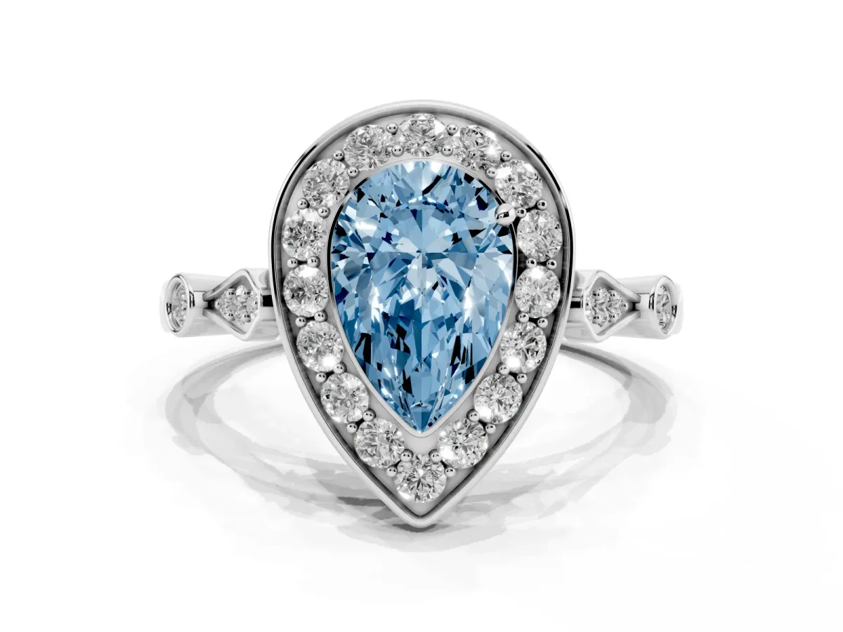 Fancy Blue Pear Cut Halo Diamond Engagement Ring with Twisted Band and Four-Prong Setting White gold