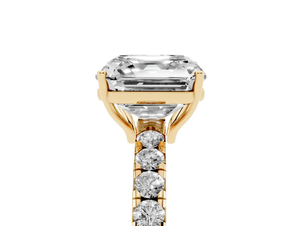 Asscher Cut Diamond Pavé Solitaire Engagement Ring with Four-Prong Setting Yellow gold