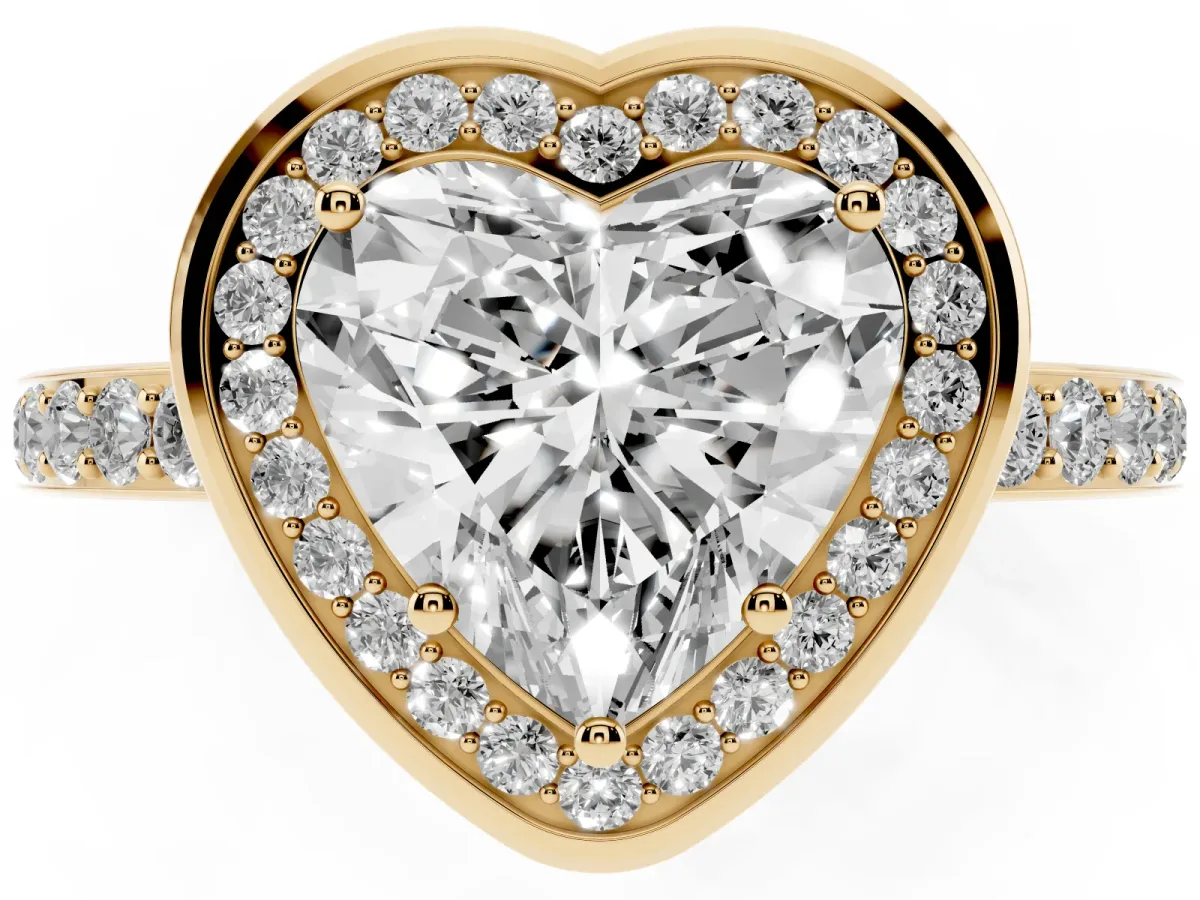 Heart Cut Diamond Halo Ring with Bezel Frame and Pavé Band Yellow gold