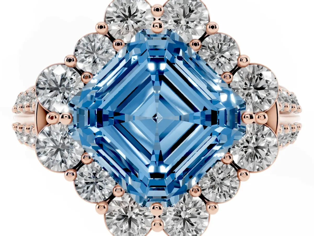 Fancy Blue Asscher Cut Halo Diamond Engagement Ring with Split Shank and Prong Setting Rose gold
