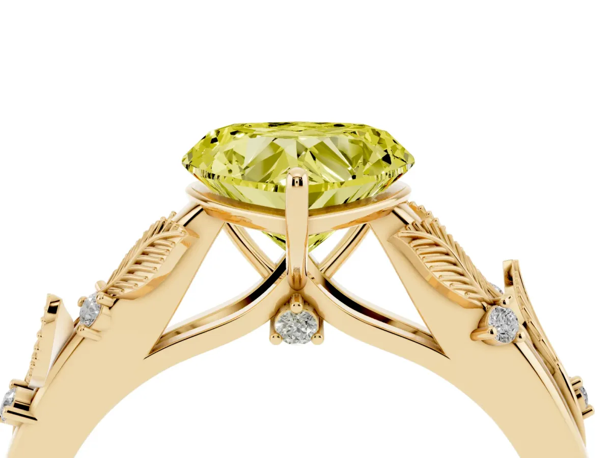 Fancy Yellow Heart Cut Diamond Solitaire Ring with Leaf Motif Band and Four-Prong Setting Yellow gold