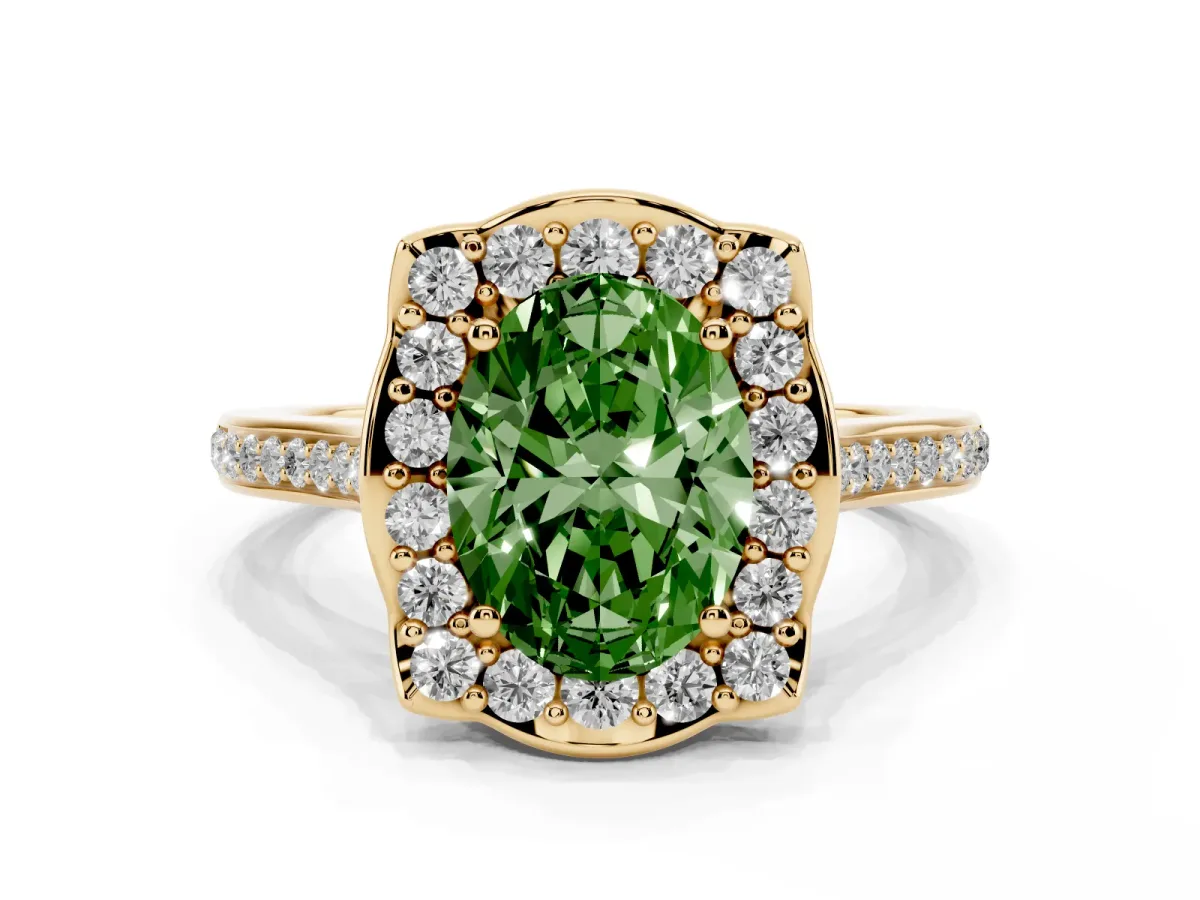 Fancy Green Oval Cut Halo Round Diamond Pave Band with Four-Prong Setting Yellow gold