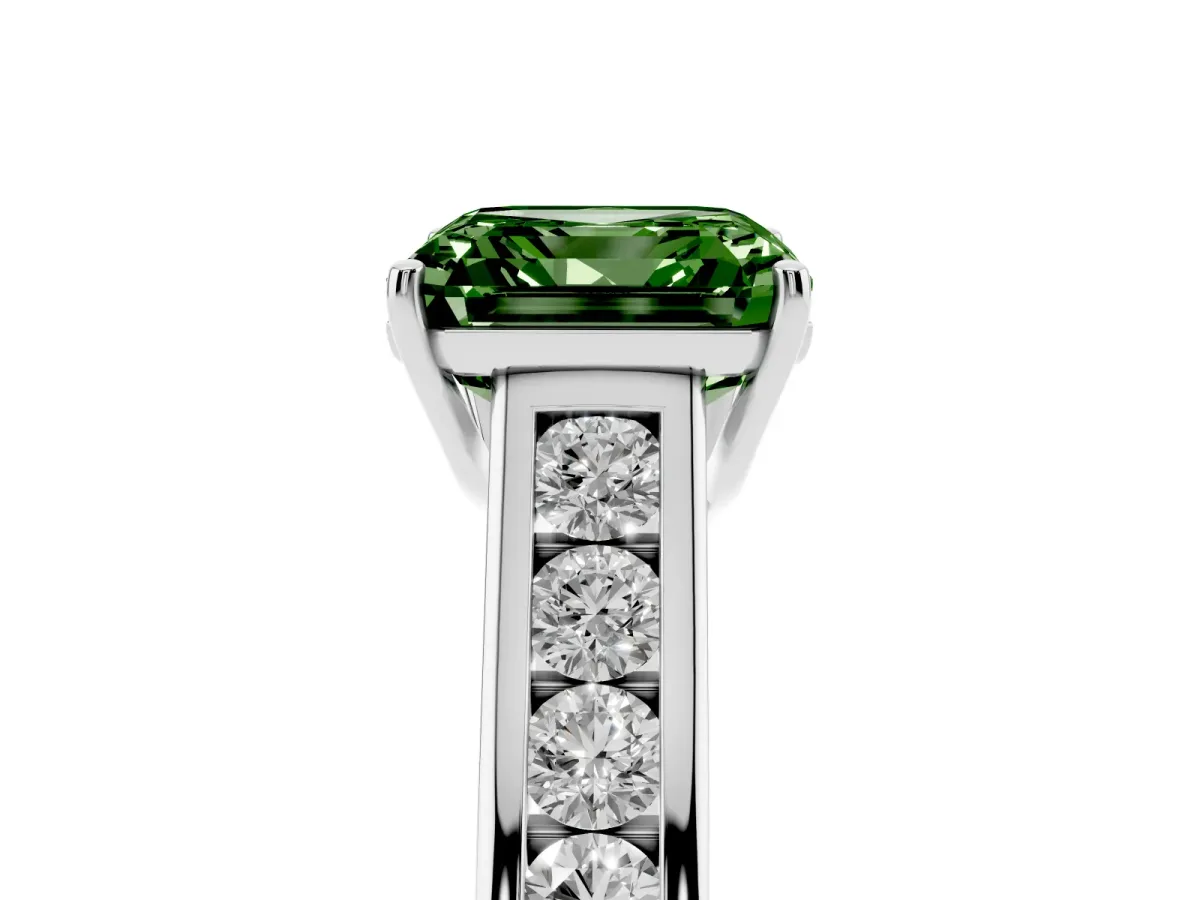 Fancy Green Asscher Cut Solitaire Channel-Set Diamond Engagement Ring with Four-Prong Setting Silver